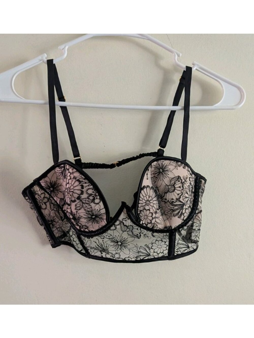 Victorias Secret Bra 36B Black Lace Balconnet Longline Floral Bustier Rhinestone